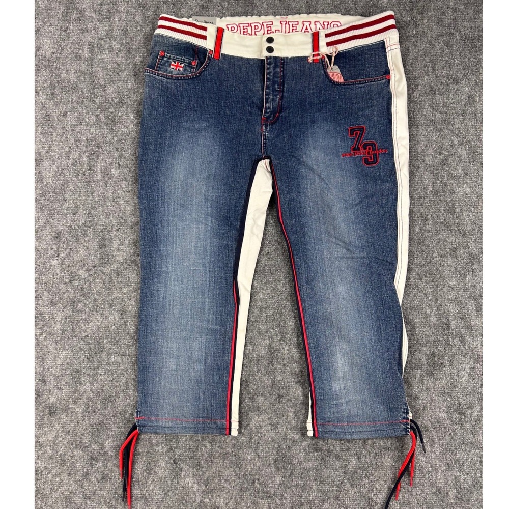 VTG Pepe Jeans London Two Tone White Blue Cropped Denim Jeans‎ Size 36 NWT